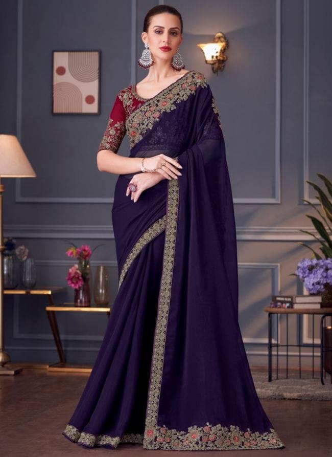 Georgette Violet Party Wear Embroidery Work Saree